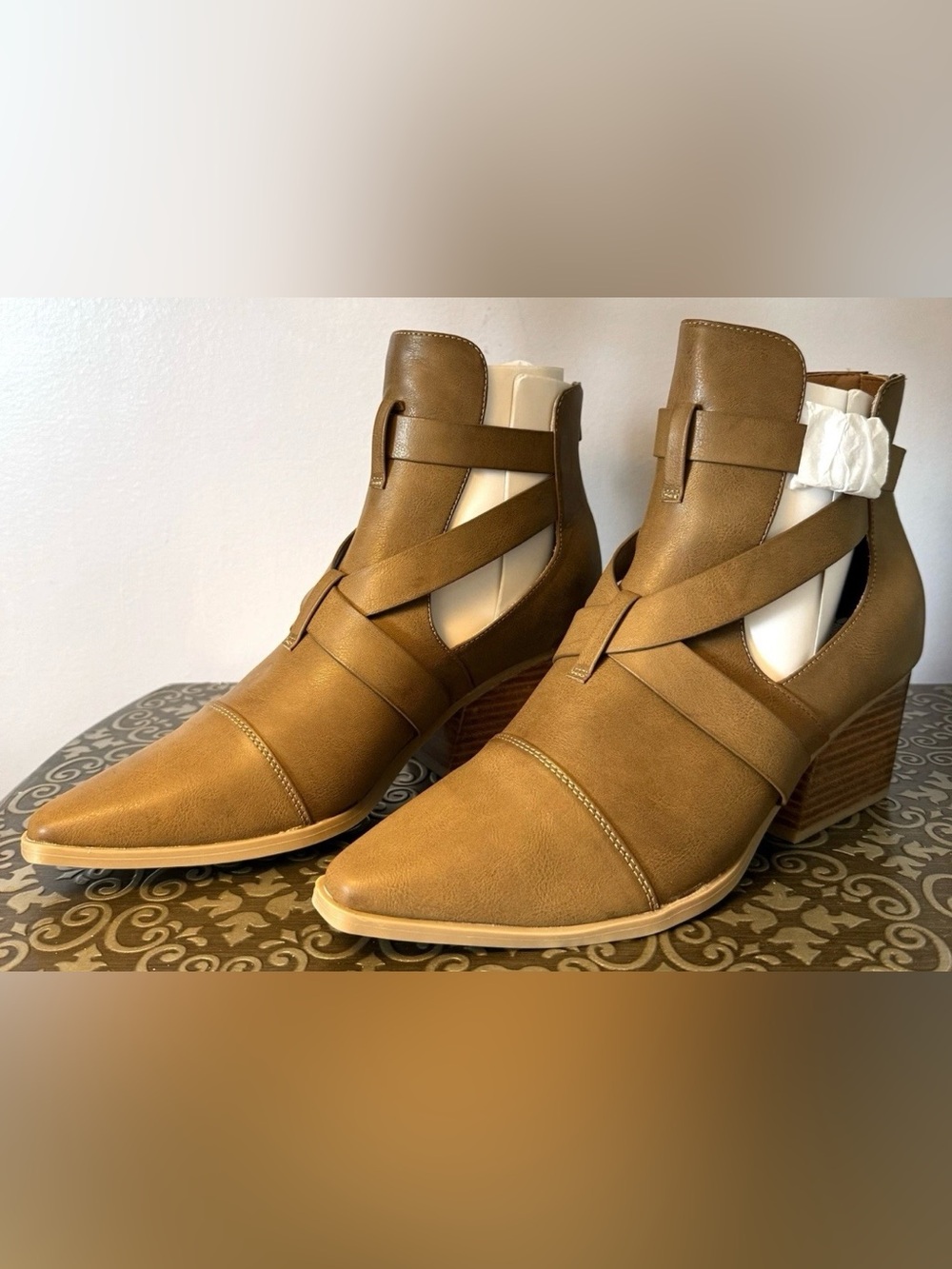 Yellow Box Women's Tan Cutout Ankle Boots - Stylish Pointed Toe